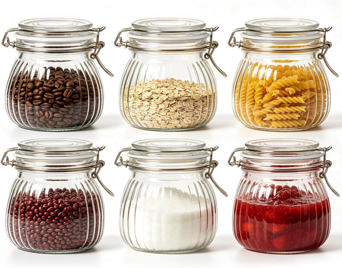 ComSaf Ribbed Glass Jars with Airtight Lids 17oz 6 Pack Wide Mouth Pickling