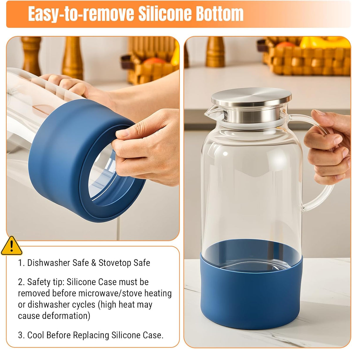 PARACITY Glass Pitcher with Lid, 61oz Water Jug Handle, Blue Silicone Base | Borosilicate carafe has dual pour ports, wide mouth and removable silicone sleeve for hot or cold juice, milk and iced tea