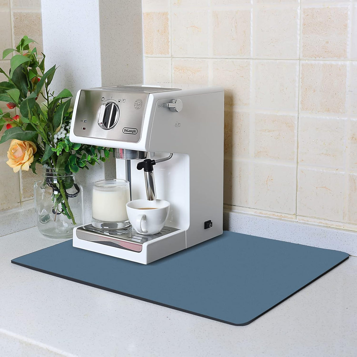 ZLR Coffee Mat - 12" x 16" Small Kitchen Hide Stain Absorbent Dish Drying Mat for Countertop - Easy to Clean Coffee Bar Mat for Espresso Machine and Spill Protection - Navy Blue