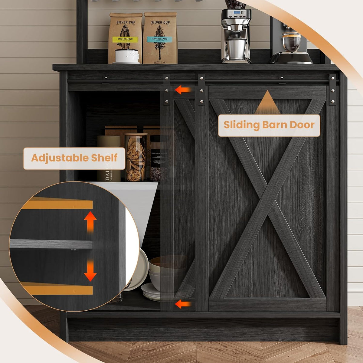 4ever2buy 31" Farmhouse Coffee Bar Cabinet with Storage Hutch, Grey