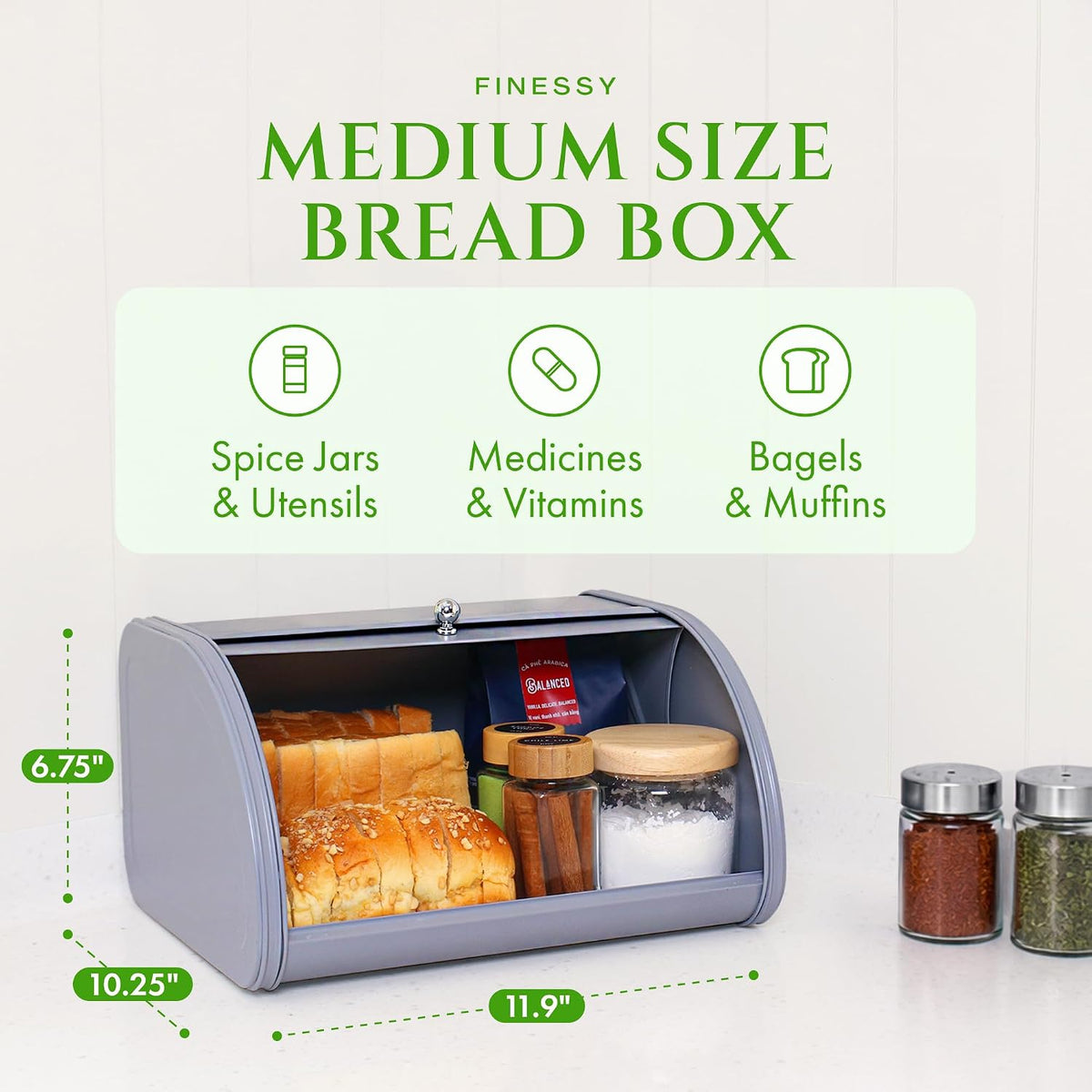FINESSY Modern Metal Bread Box for Kitchen Countertop, Farmhouse Homemade Loaf Bread Storage Bin Holder for Kitchen Counters Organizer, Airtight Roll Top Sourdough Corner Breadbox Container Keeper