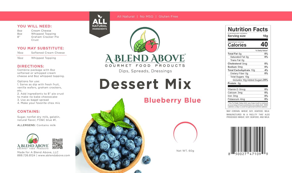 A Blend Above Blueberry Blue No Bake Dessert Mix - All Natural, Gluten Free, No MSG - Instant Dessert Mix, Fruit Dip, Bagel Topping, Frosting, Cheesecake Filling - Easy to Make - 4.2 Oz - Pack of 3