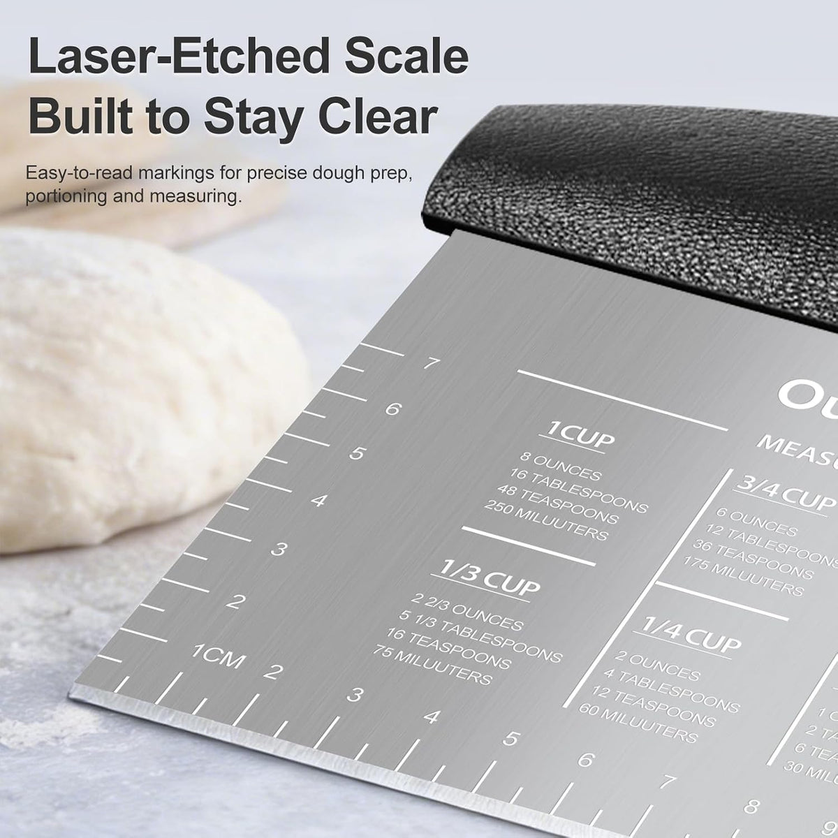 Ourokhome 2 Pack Bench Scraper Dough Cutter, Stainless Steel Dough Scraper with Laser-Etched Scale, Conversion Chart, Non-Slip Handle, Dishwasher Safe for Bread &amp; Pastry, Black