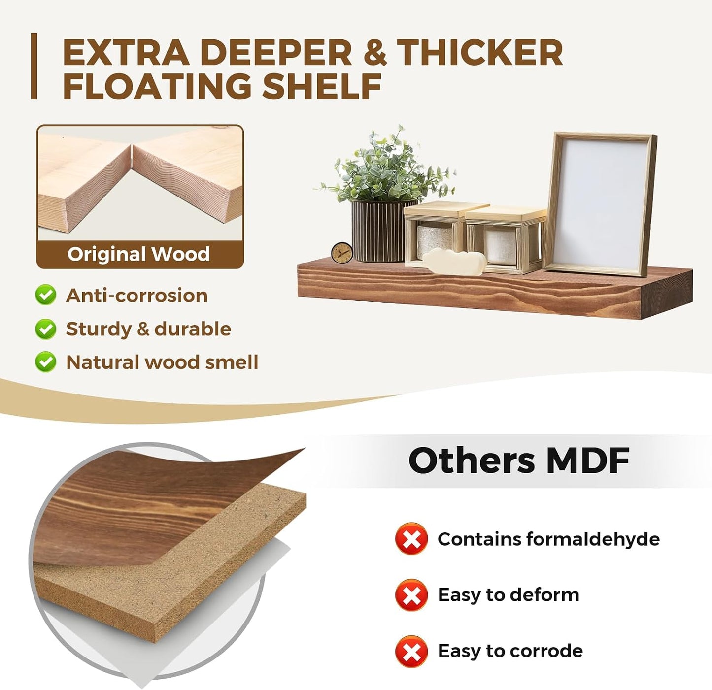 Solid Wood Floating Shelves, 17 Inch Wall Shelves, Set of 2, Brown
