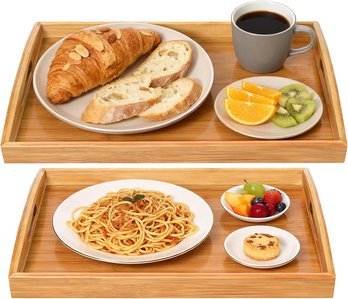 2-Pack Bamboo Serving Trays with Handles, 16" and 13", Decorative Food Tray Set for Breakfast, Coffee, Tea, Snacks, Ideal for Coffee Table, Ottoman, Living Room &amp; Kitchen