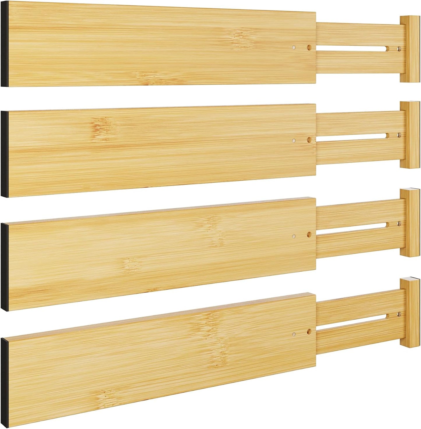 BAMEOS Bamboo Expandable Drawer Dividers – Fits 13.3"–19" Drawers, 3" Deep Walls, Set of 4 | Spring-Loaded Separator for Deep Kitchen &amp; Bathroom Drawers, Prevents Items Falling Over