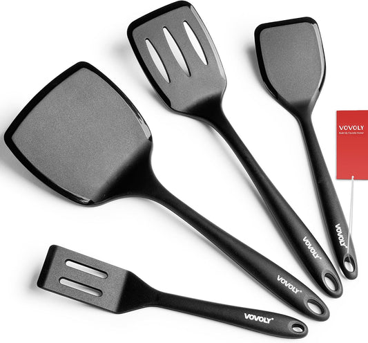 Silicone Spatula Set, 600°F Heat Resistant Silicone Spatula Turner Flipper for Cooking, Non Stick and Non Scratch Kitchen Utensils for Eggs &amp; Pancakes, 4 Pack, Black