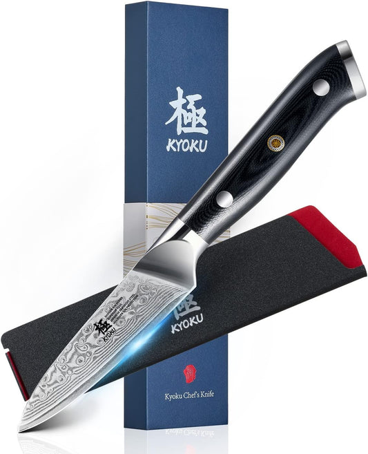 KYOKU Gin Series 3.5" Paring Knife - Japanese VG10 Damascus Stainless Steel Kitchen Knife With Silver Ion Blade, G10 Handle,
