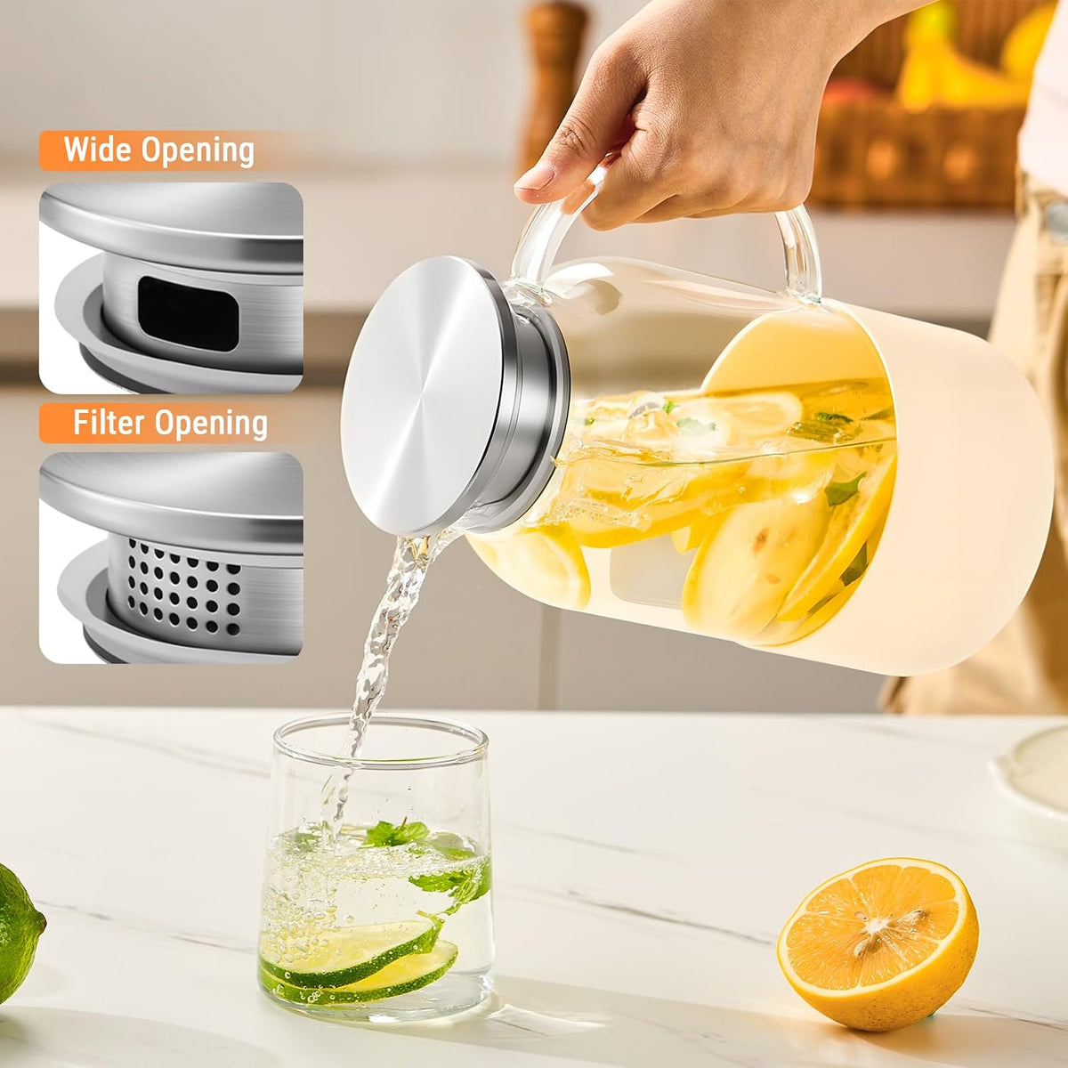 PARACITY Glass Pitcher with Lid, 61 oz Glass Water Pitcher, Off-White Base | Glass carafe with lid; silicone base for hot or cold coffee, lemonade and milk, serves as a juice pitcher or water jug