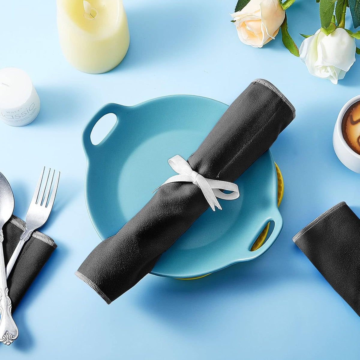 Hillban 6 Pcs Anti Tarnish Silver Storage Bags Silver Storage Cloth Felt Flatware Organizer Anti Tarnish Protector Bags Place Setting Roll with White Ribbon for Kitchen Cutlery Utensils (Black)