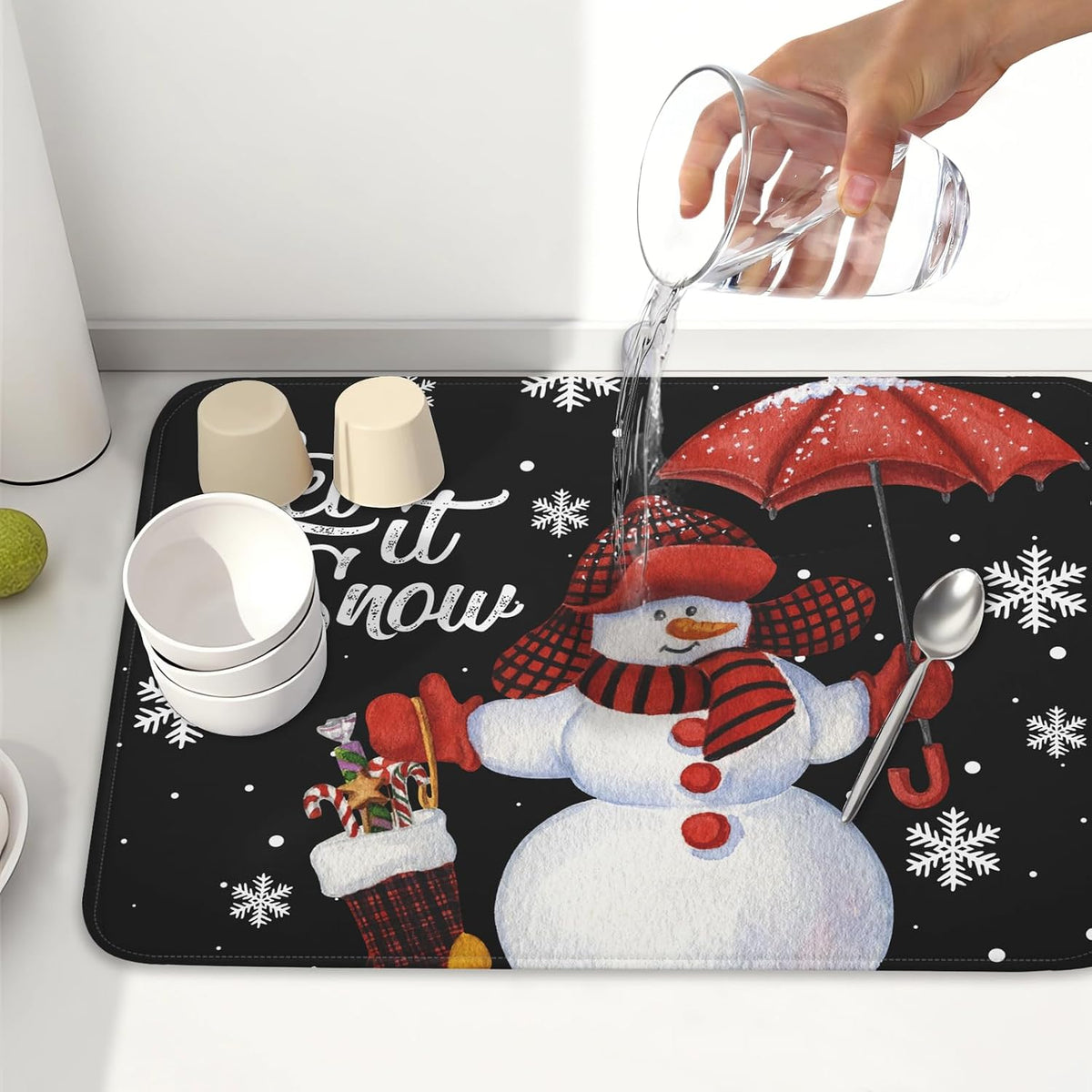 Black Snowman Dish Drying Mats for Kitchen Counter, Winter Snowflake Dish Mat Absorbent Reversible Microfiber Dish Drying Pad Christmas Kitchen Drying Mat Dish Drainer Rack Mats for Bar 18”x24”