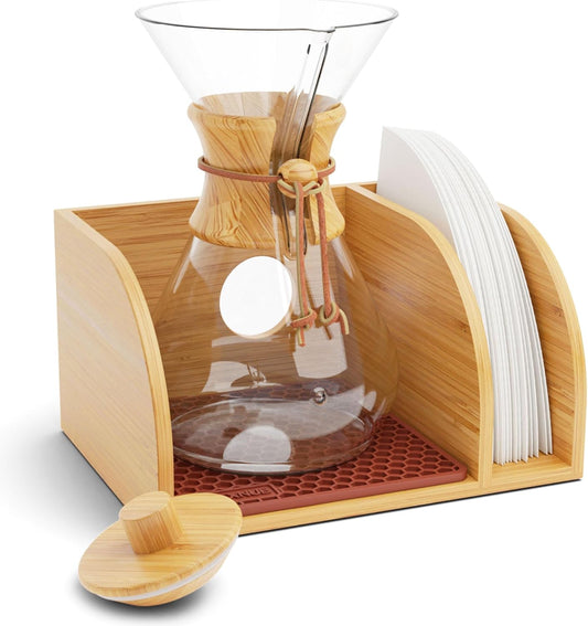 HEXNUB Caddy and Lid for Pour Over Coffee Maker, Bamboo Stand fits Chemex, Bodum, Cosori Carafes, Heatproof Mat, Filter