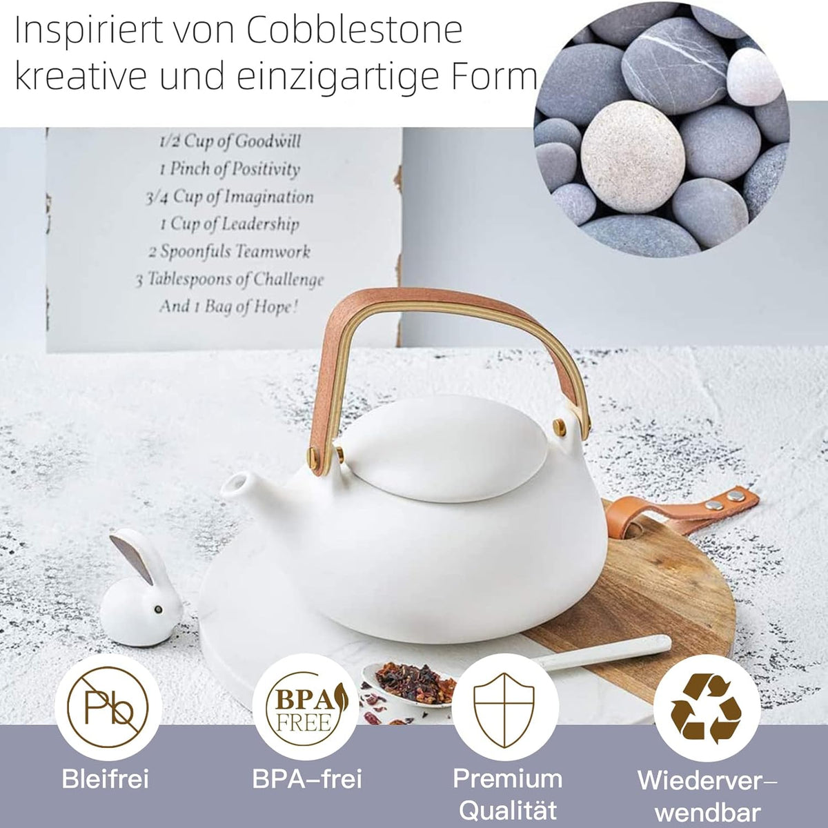 ZENS Ceramic Teapot with Infuser, 27oz Japanese Teapot for Loose Leaf Tea | Matte White Minimalist Tea Pot with Infusers for Loose Tea Steeper for Women Gifts, Modern Bentwood Handle