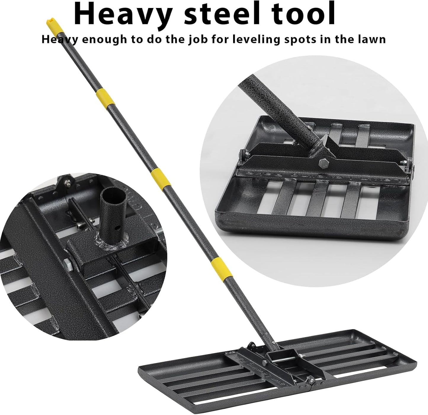 Lawn Leveling Rake Heavy Duty, 30"x10" Large Ground Plate Leveler Tool, Anti Flipping Smooth Edge Pull Behind Garden Landscape Rake for Soil Sand Dirt Yard Top Dressing, Long Handle 65 Inch