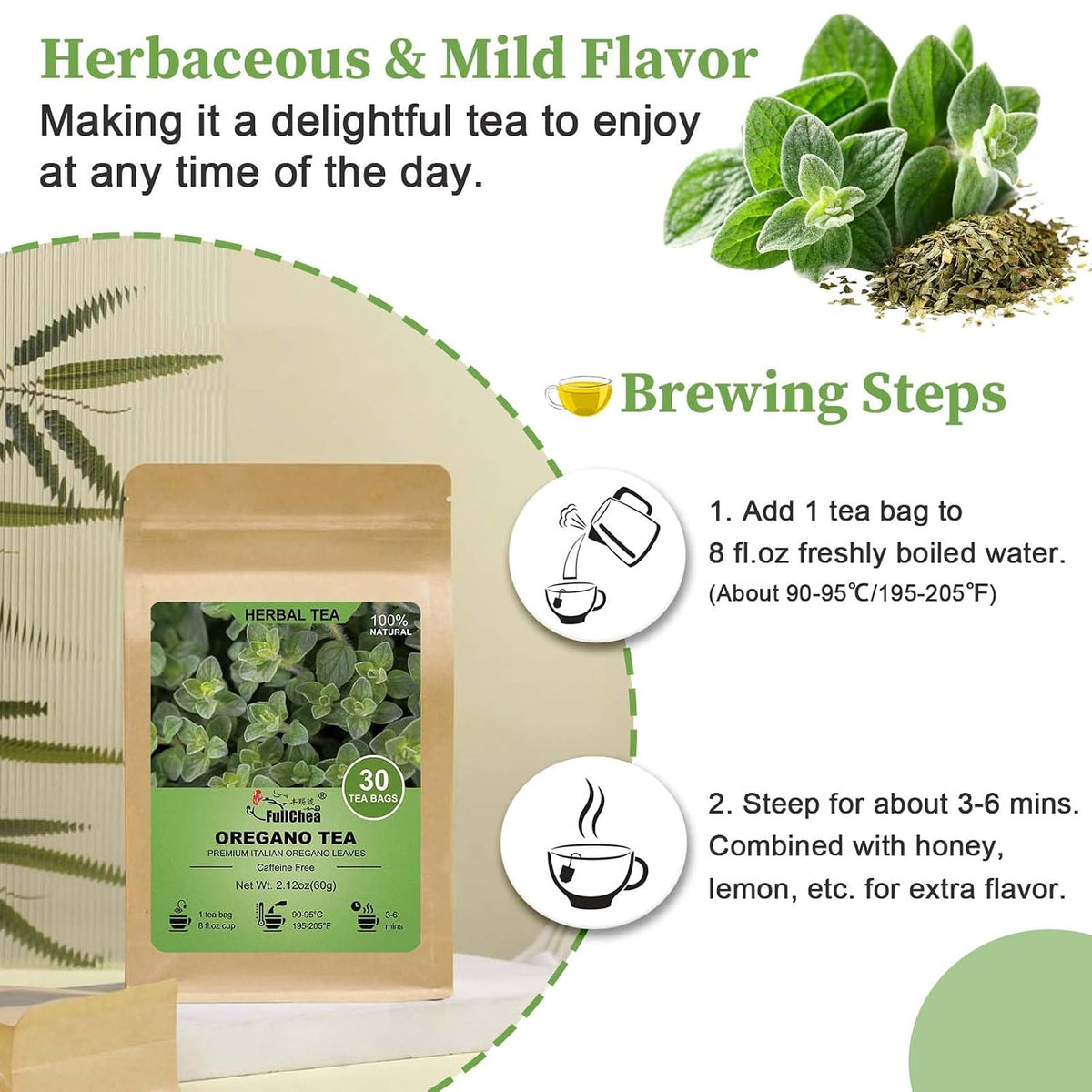 FullChea - Oregano Tea Bags, 30 Count, Dried Oregano Leaves | 100% pure dried oregano herbal tea, rich in plant antioxidants, Non-GMO &amp; caffeine-free, easy to brew hot or iced daily