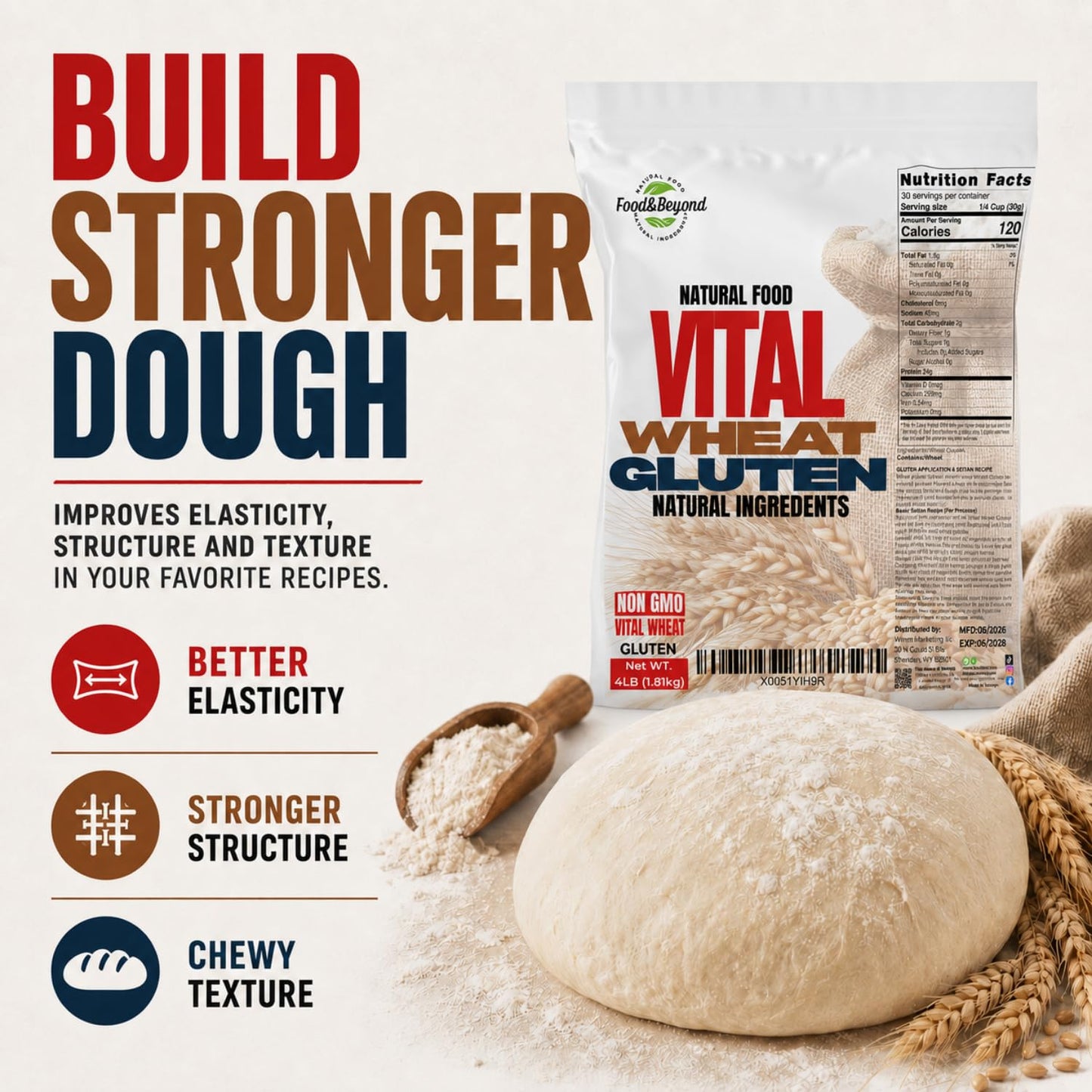 Food &amp; Beyond Vital Wheat Gluten 4 lb | High-Protein Natural Wheat Flour | Premium Quality for Baking, Bread, Pizza Dough &amp; Seitan Recipes