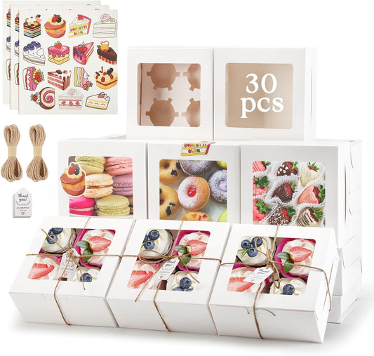 OAMCEG 30 Pack Cookie Boxes with Window 6x6x3 Inches White Bakery Treat Boxes with Stickers & Twine for Pastry, Desserts,