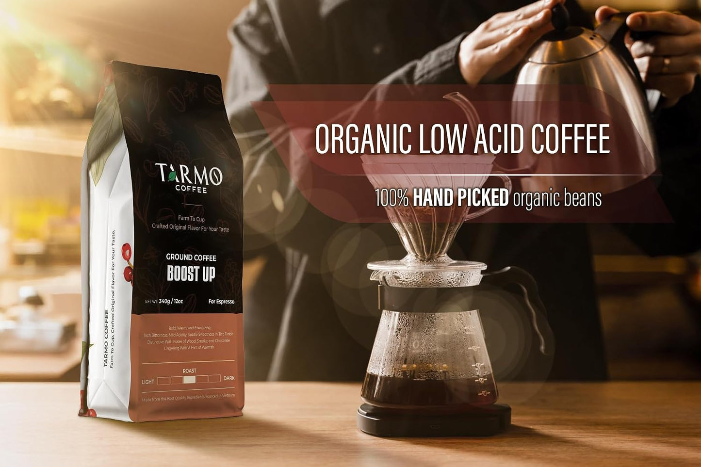 TARMO -BOOST UP | Low Acid ARABICA &amp; ROBUSTA BLEND Ground Coffee | Specialty Vietnamese Coffee | Single Origin - Dark Roast | High Caffeine Coffee Ground | 12 Oz Bag