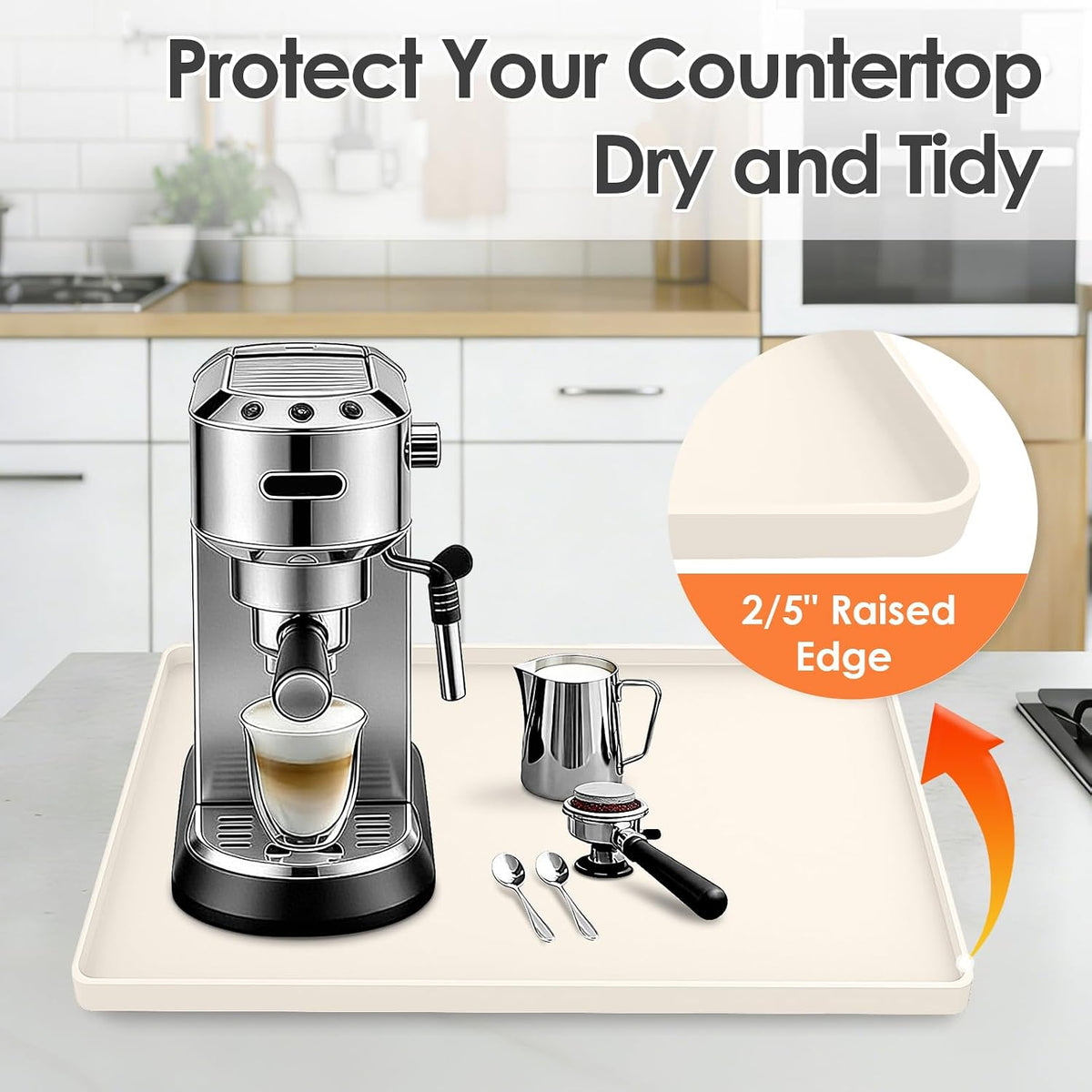 Silicone Coffee Maker Mat with Lip for Countertops 15.7''x11.8''Cream White