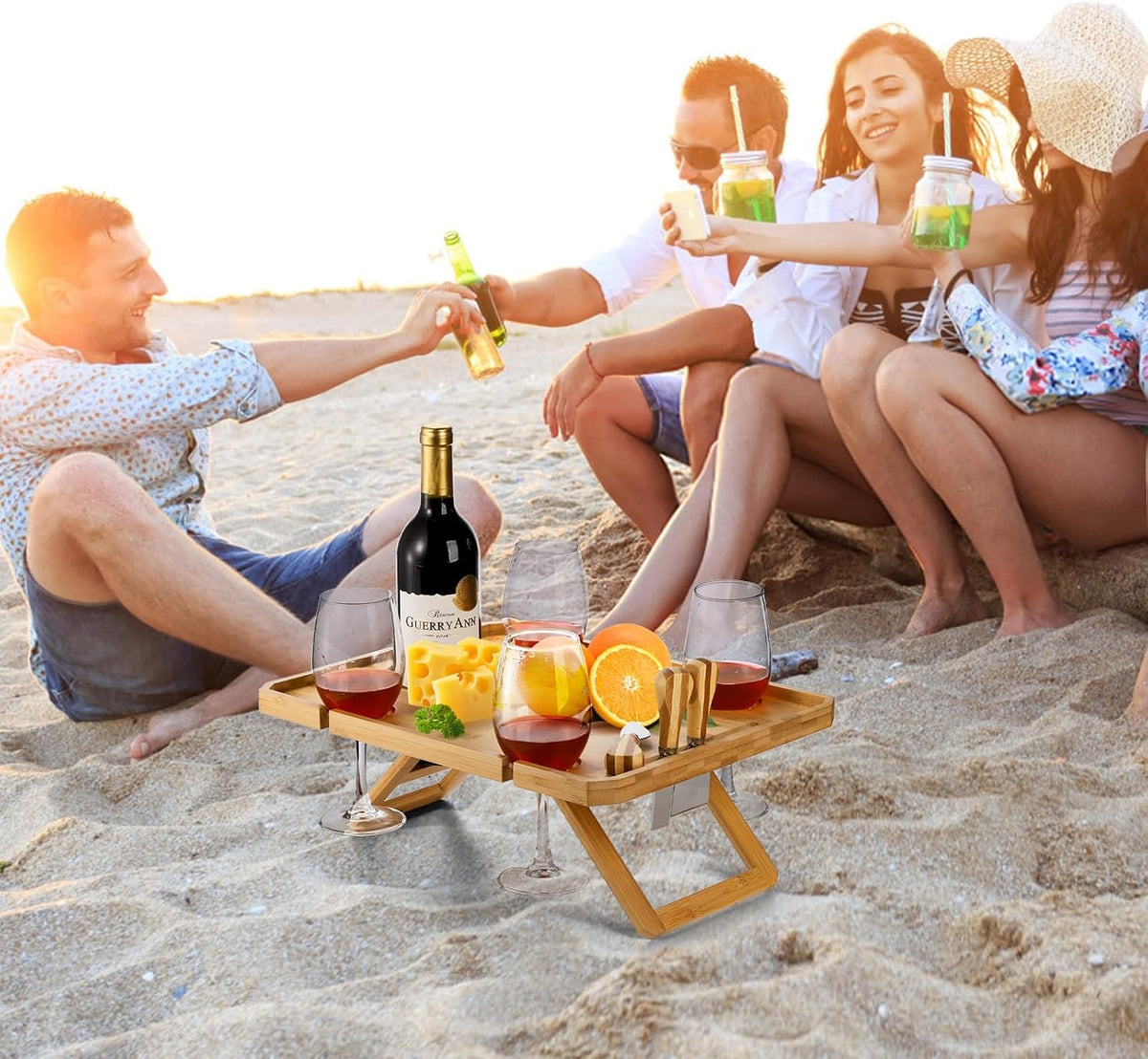 Kingrol Bamboo Picnic Wine Table, Foldable Outdoor Snack Table with Bottle Holder, 4 Glass Slots and Knife Slot, 16.1 x 12.5 x 6 in