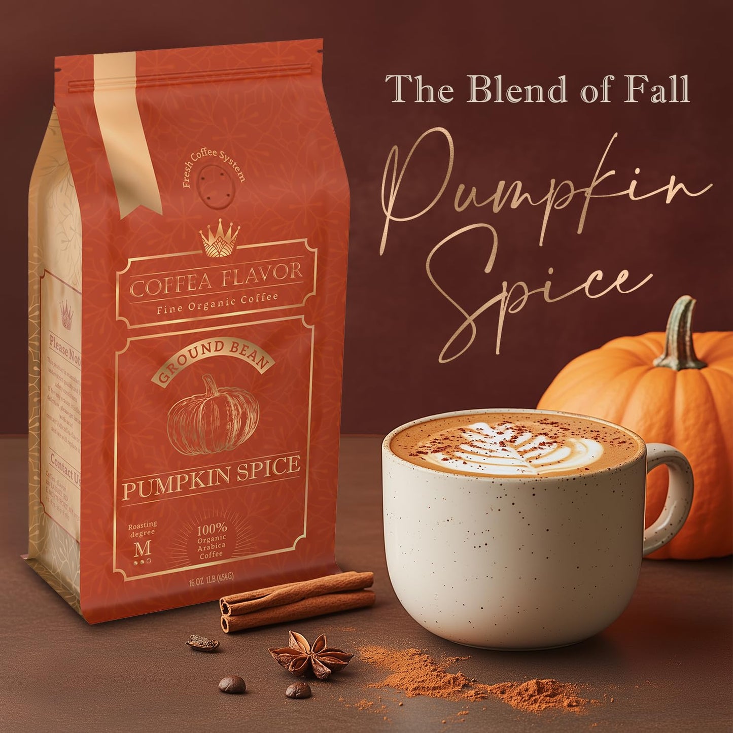Organic Ground Coffee Medium Roast (16oz) - Pumpkin Spice Flavored | 100% Arabica, Single Origin and Low Acid - USDA Organic and Fair Trade Certified - Naturally Flavored Without Additives