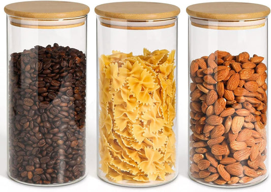 ComSaf Airtight Glass Storage Canister with Wood Lid(1.5 Qt), Set of 3 Glass Jars with Lids, Clear Food Storage Container