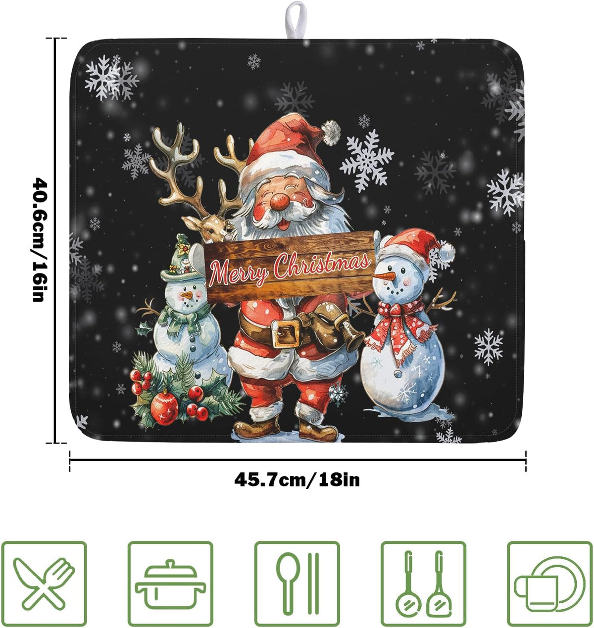 Christmas Santa Snowman Dish Drying Mats for Kitchen Counter 16"x18" Merry Christmas Santa Claus Dish Drying Mats Absorbent