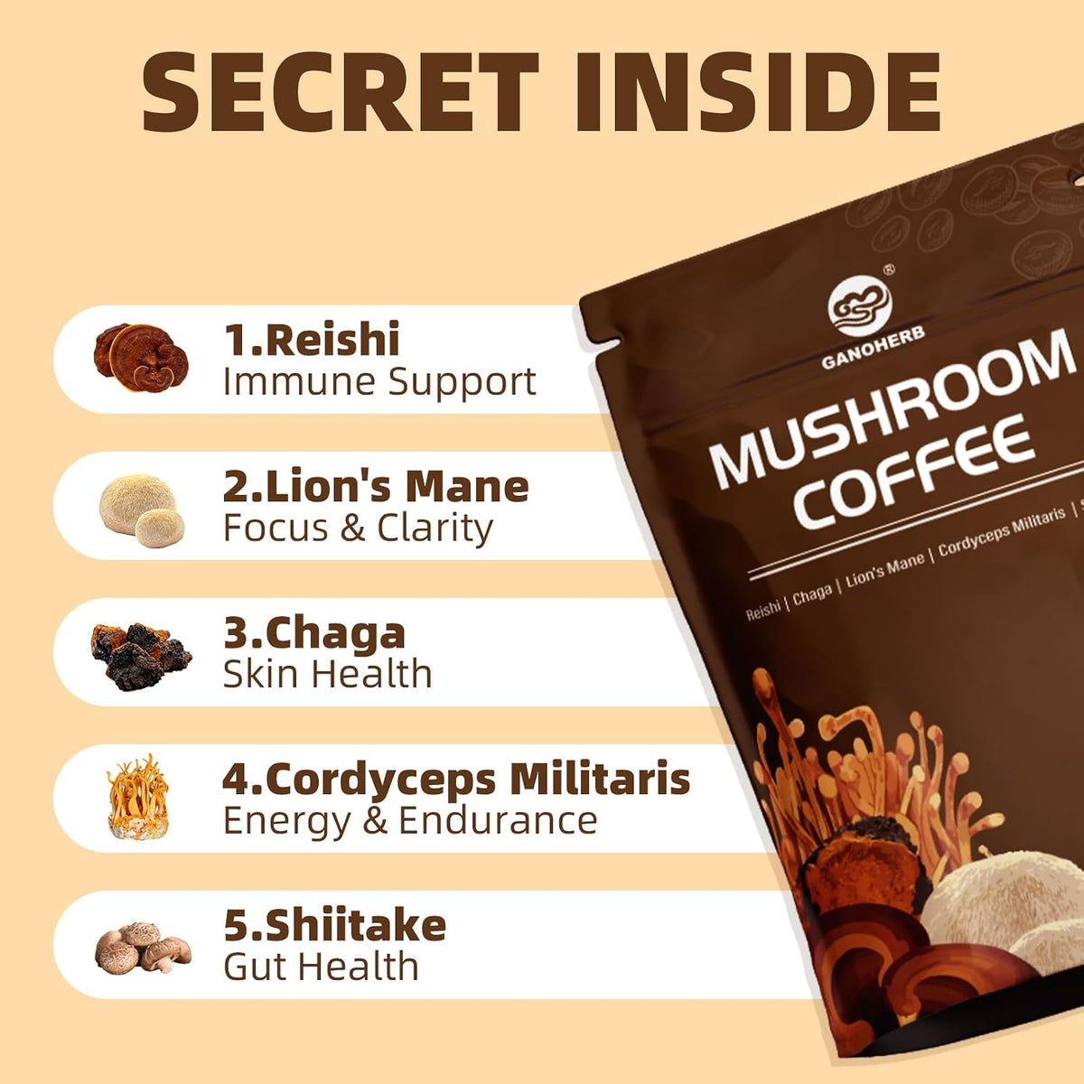 GANOHERB Instant Mushroom Coffee Powder, Arabica Coffee Mix with 5 Adaptogen Mushrooms, Lions Mane, Reishi, Chaga, Cordyceps, Shiitake and MCT Oil for Energy and Focus, 6.35oz, 30 Servings