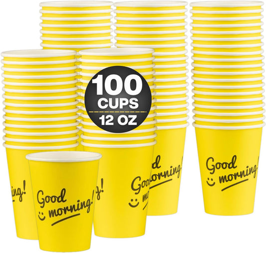 Smygoods Disposable Coffee Cups, To Go Paper Hot Cups, Good Morning Design (12 OZ, 100 Count) For Hot Beverages, Coffee,