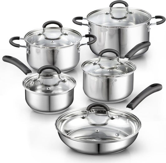 Cook N Home Professional Stainless Steel Cookware Set, 10-Piece | Pots and Pans Kitchen Cooking Set with Stay-Cool Handl