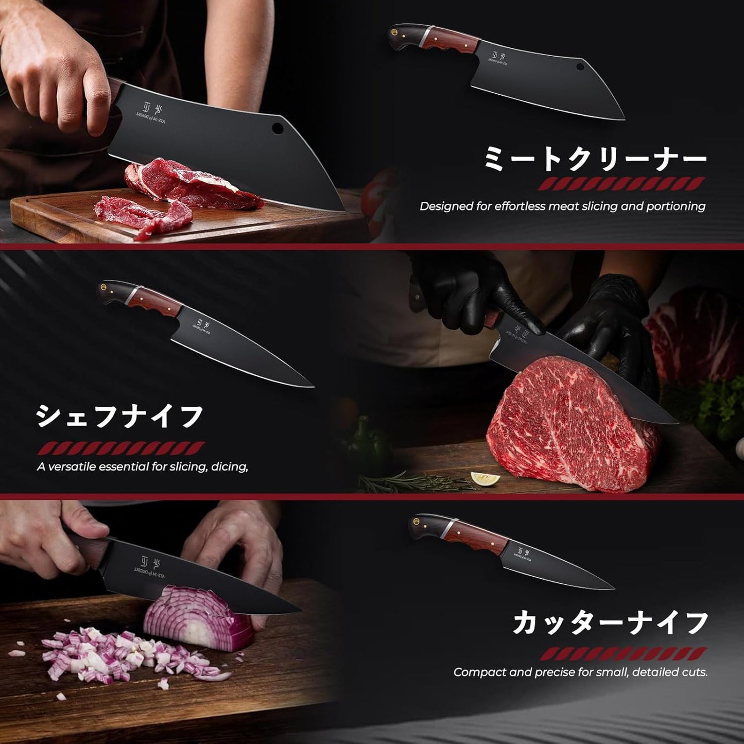 Japanese Chef Knife Set - 3 PCS Kitchen Utility Knife Sets for Cooking, Meat Cleaver Knives Set with Full Tang Wooden Handle, Gift for Birthday