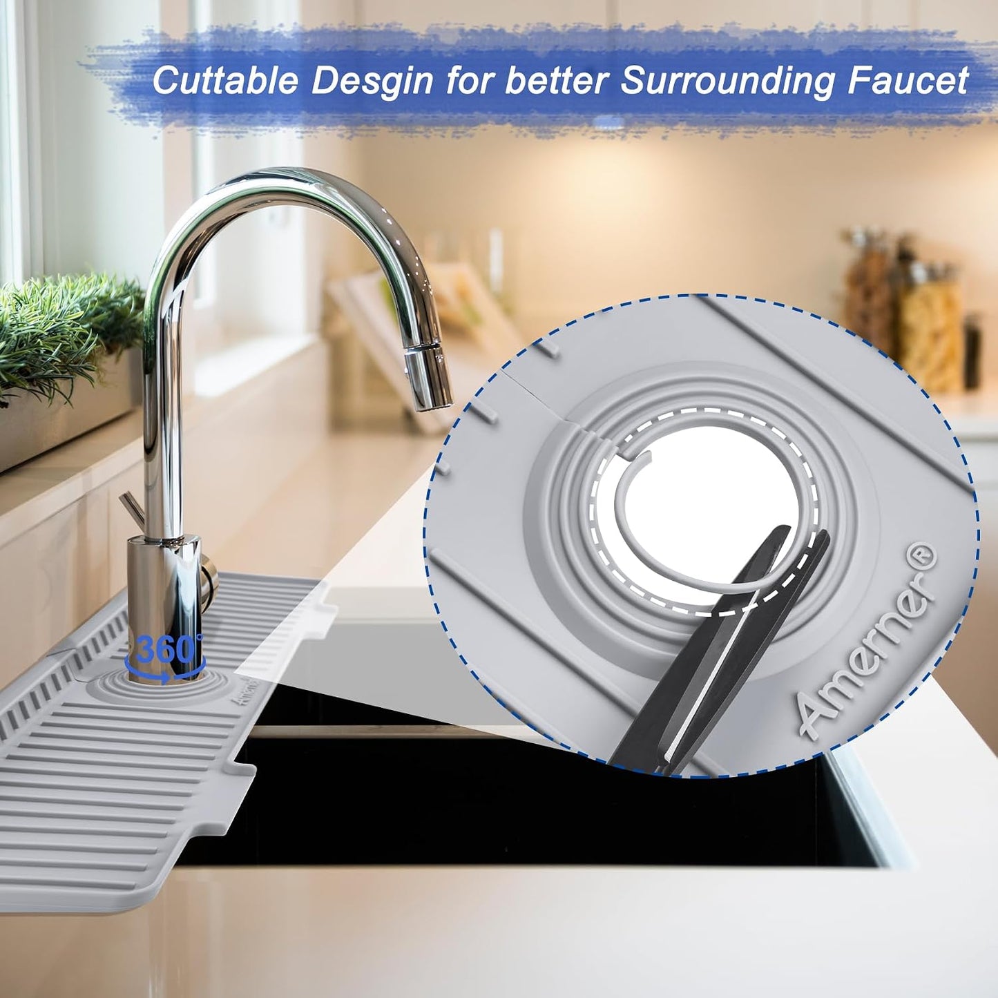 Amerner 20 inch Kitchen Sink Splash Guard, 10° Large Slope &amp; Adaptable Hole Faucet Mat for Kitchen Sink, Silicone Sink Organizer Sponge Holder for Kitchen, Bathroom, RV, Bar, 20” x 5.5”, Gray