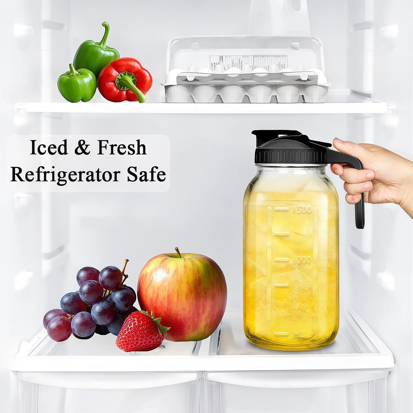 64oz Glass Pitcher Carafes With Handle and Lid, 2 Quart Mason Jar, Large Water Jug, Glass Containers for Fridge, Water Pitcher for Juice, Iced &amp; Sun Tea, Cold Brew Coffee, Homemade Beverage