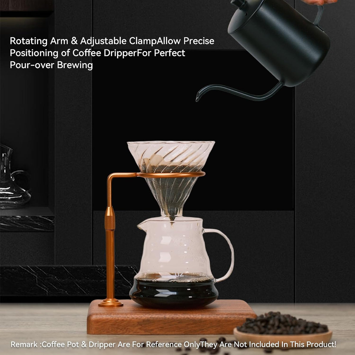 Pour Over Coffee Maker with Adjustable Stand &amp; Wooden Base, Dripper Stand for Manual Coffee Brewing, Coffee Filter Holder, Tea Strainer Stand for Home, Café, Restaurant, Camping, Golden