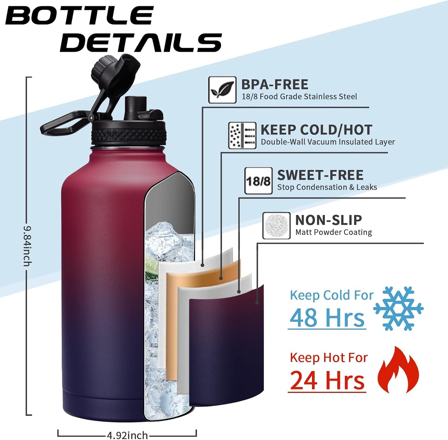 64OZ Vacuum Insulated Water Bottle - Keep Hot Cold Vacuum Flasks with Straw &amp; Spout Lids, Paracord Handle, Water Bottler Carrier Holder &amp; Protective Cup Mat, 1.8L Stainless Steel Water Jug