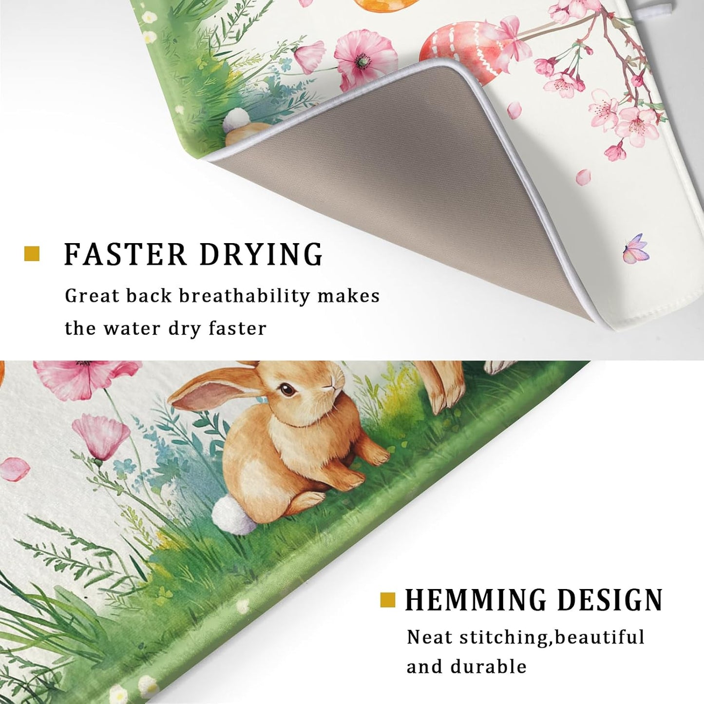 Giwawa Easter Bunny Dish Drying Mat, Spring Rabbits Eggs Hunt Dish Drainer Mats for Kitchen Countertop, Watercolor Floral Absorbent Reversible Dish Drying Pad Decor, 18x24inches, Large