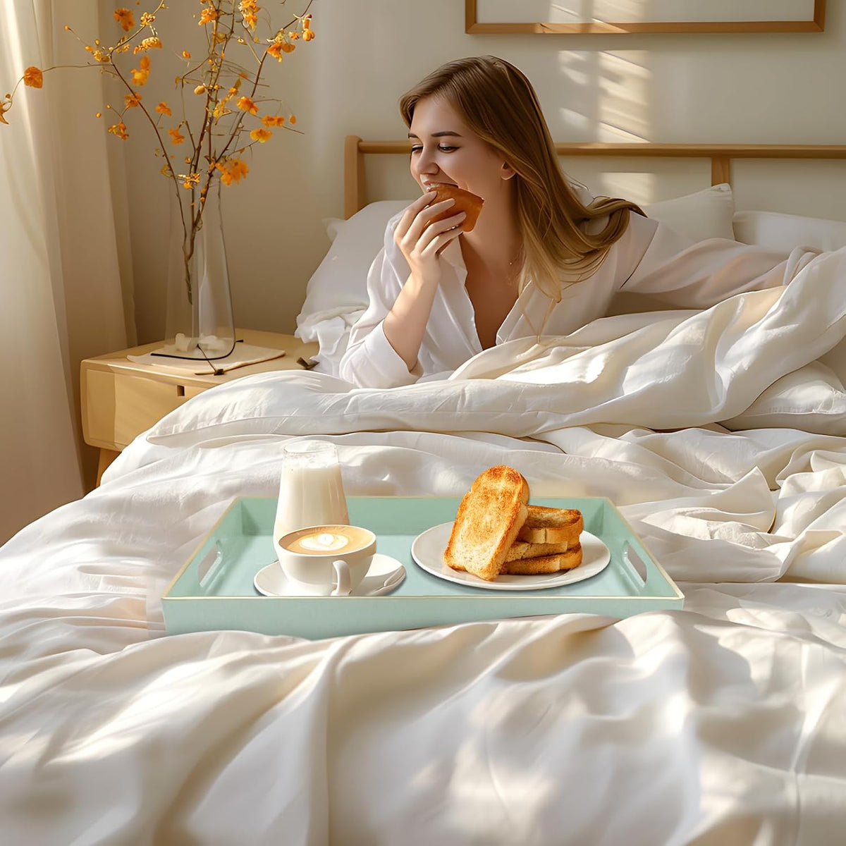 MAONAME Mint Green Decorative Tray for Ottoman, Serving Tray with Handles | Plastic Melamine Tray, Modern Coffee Table Tray, Rectangle Countertop Organizer Tray for Living Room, 15.8"L x 10.2"W x 1.4"H