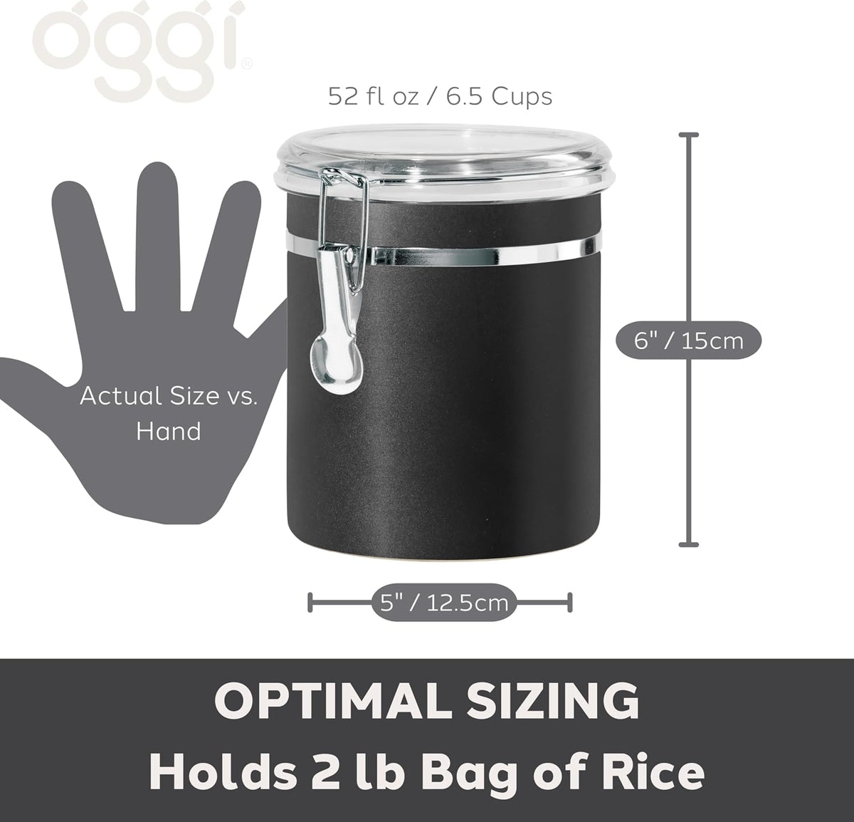 Oggi Stainless Steel Kitchen Canister 47 fl oz, Black - Airtight Clamp Lid, Clear See-Thru Top - Ideal for Kitchen Storage, Food Storage, Pantry Storage. Large Size 5" x 6".