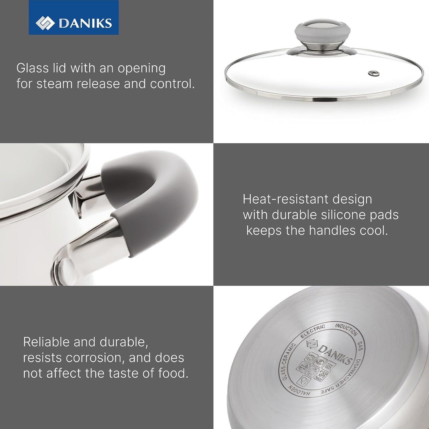 Daniks Modern 11-Piece Stainless Steel Cookware Set with Glass Lids, Includes Saucepan and Frying Pan with Lid, Tri-Ply