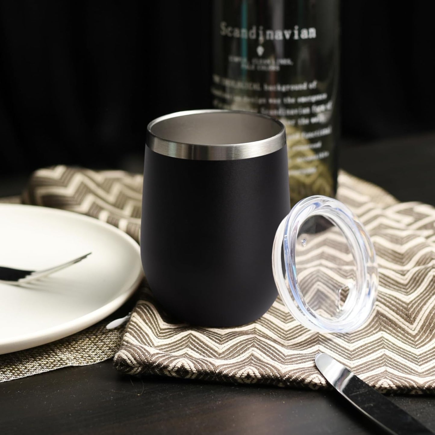 DOMICARE Stainless Steel Wine Tumbler Bulk with Lid, Personalized Insulated Tumblers Set, 12oz Travel Coffee Cups Pack of 4, Black