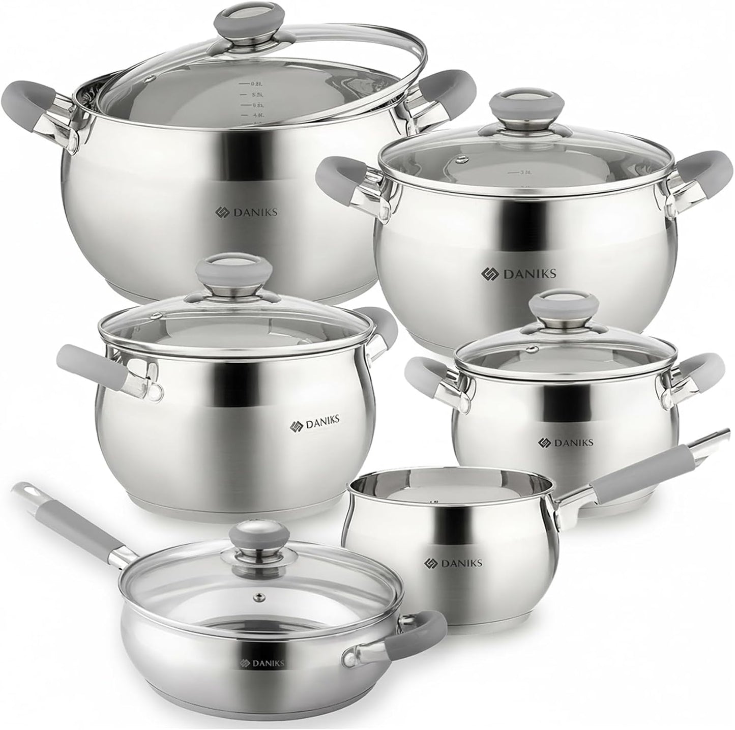 Daniks Modern 11-Piece Stainless Steel Cookware Set with Glass Lids, Includes Saucepan and Frying Pan with Lid, Tri-Ply
