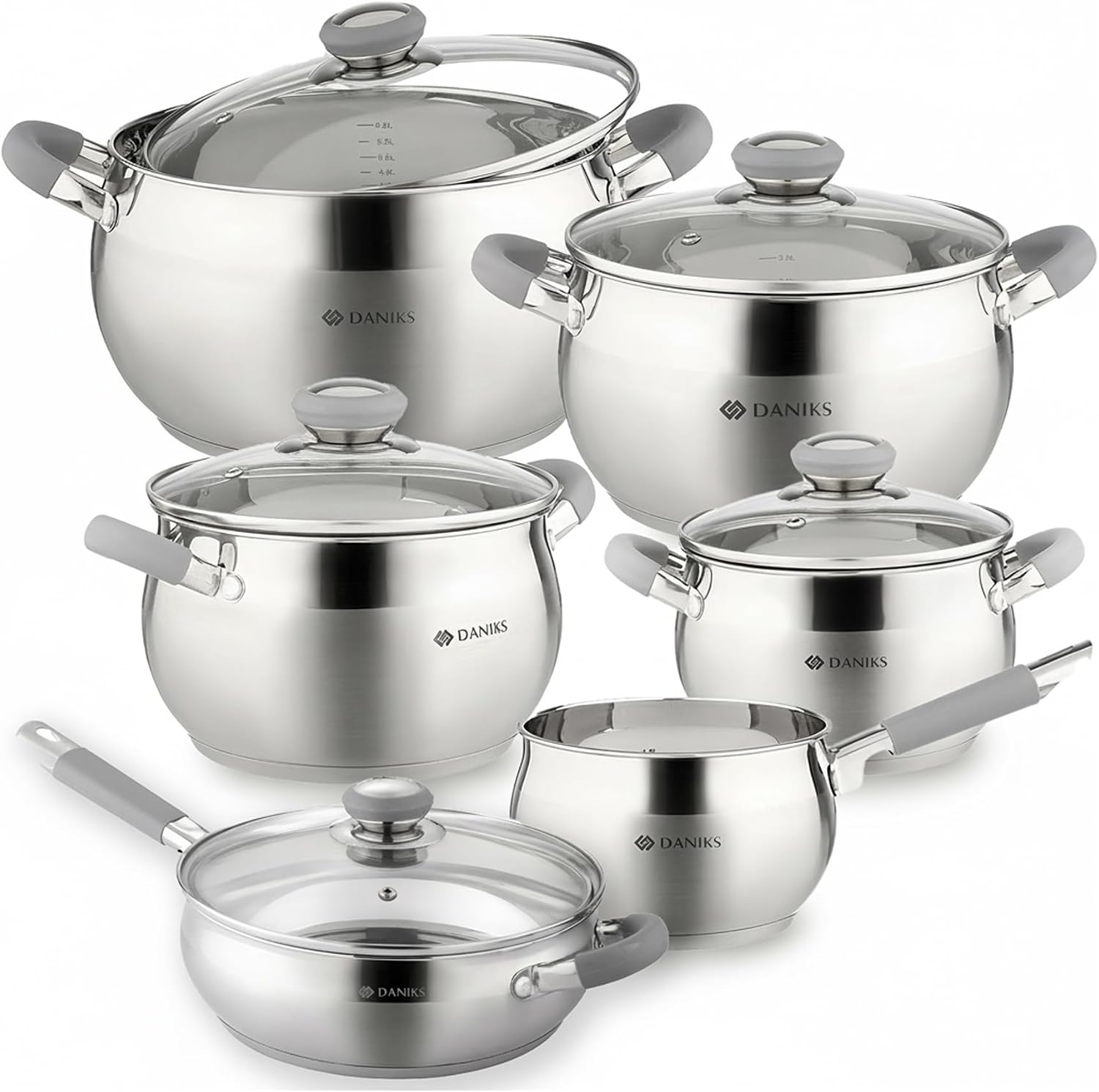 Daniks Modern 11-Piece Stainless Steel Cookware Set with Glass Lids, Includes Saucepan and Frying Pan with Lid, Tri-Ply