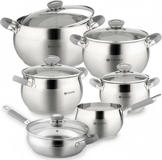 Daniks Modern 11-Piece Stainless Steel Cookware Set with Glass Lids, Includes Saucepan and Frying Pan with Lid, Tri-Ply