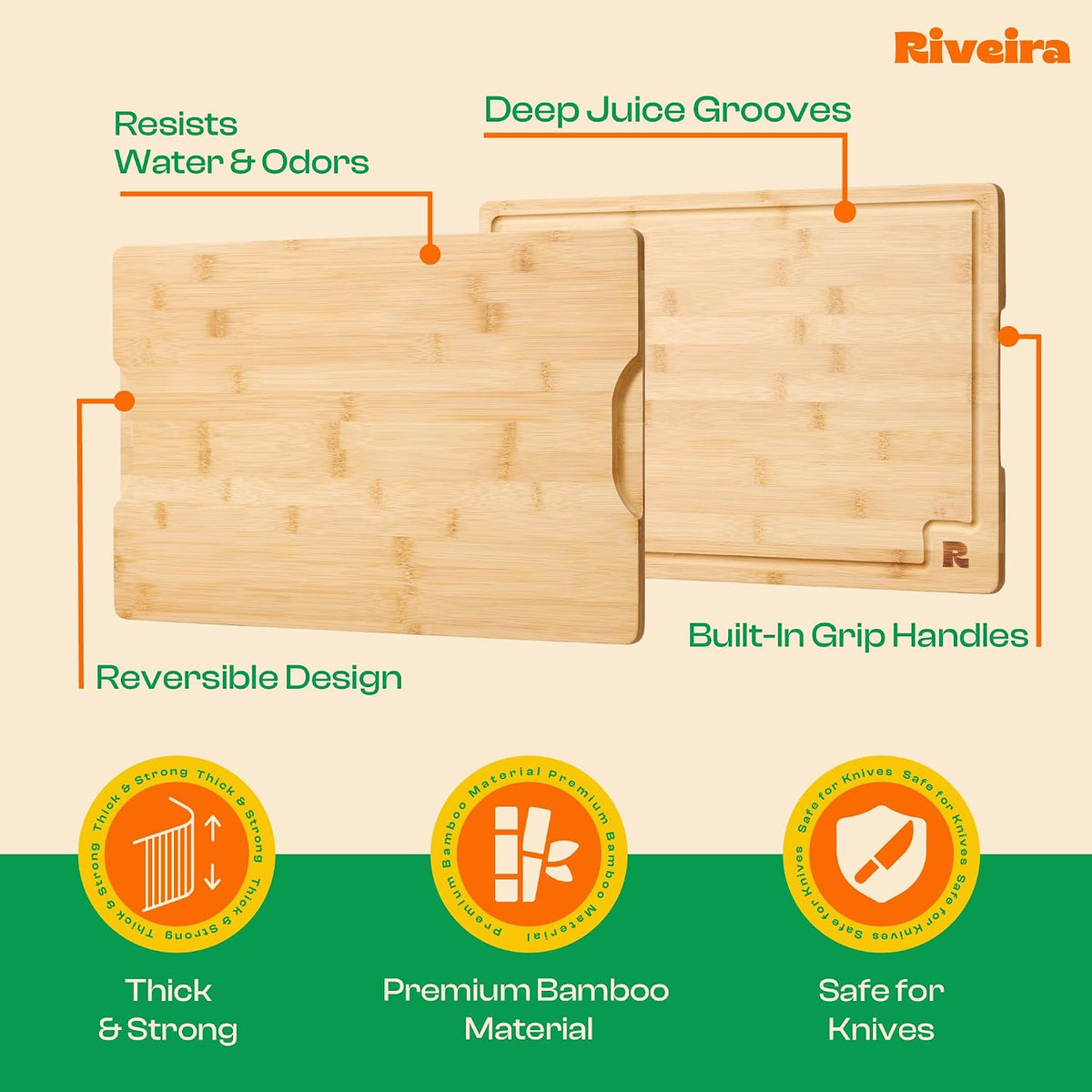 Riveira Bamboo Grandeur: 18 x 12 Bamboo Cutting Board Natural Wooden Cutting Board With Innovative Juice Grooves