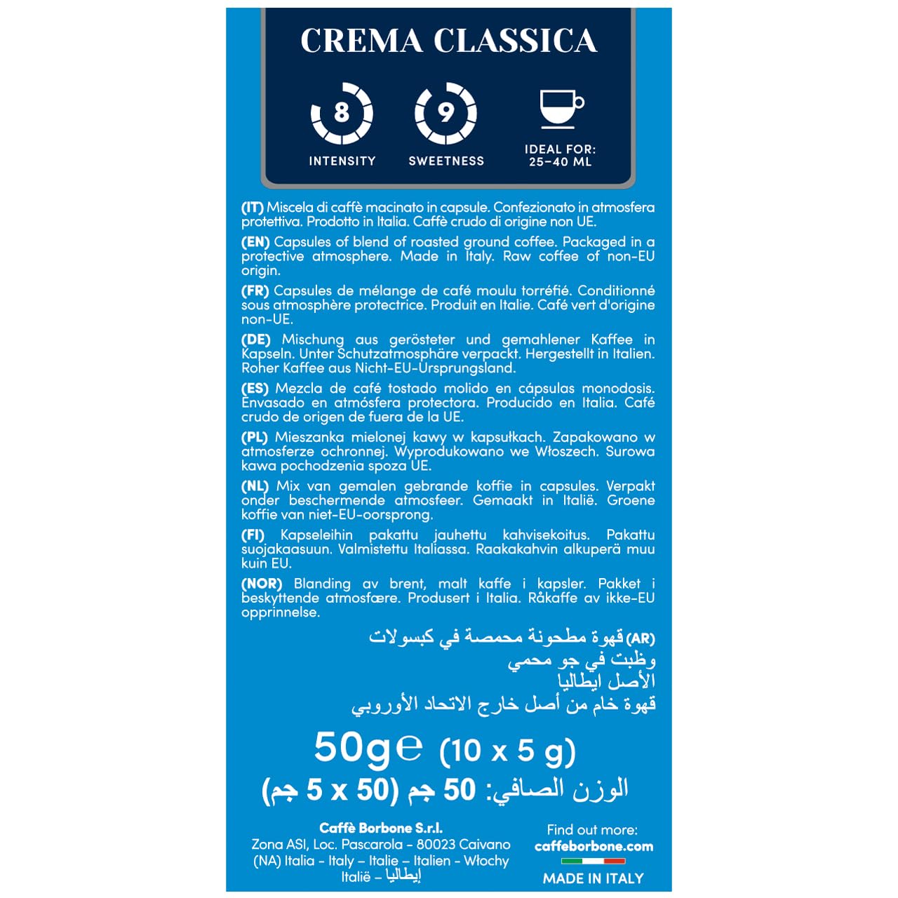 Caffè Borbone Crema Classica Aluminum Capsules Compatible with Nespresso Original Machines, Medium Roast, 50 Count