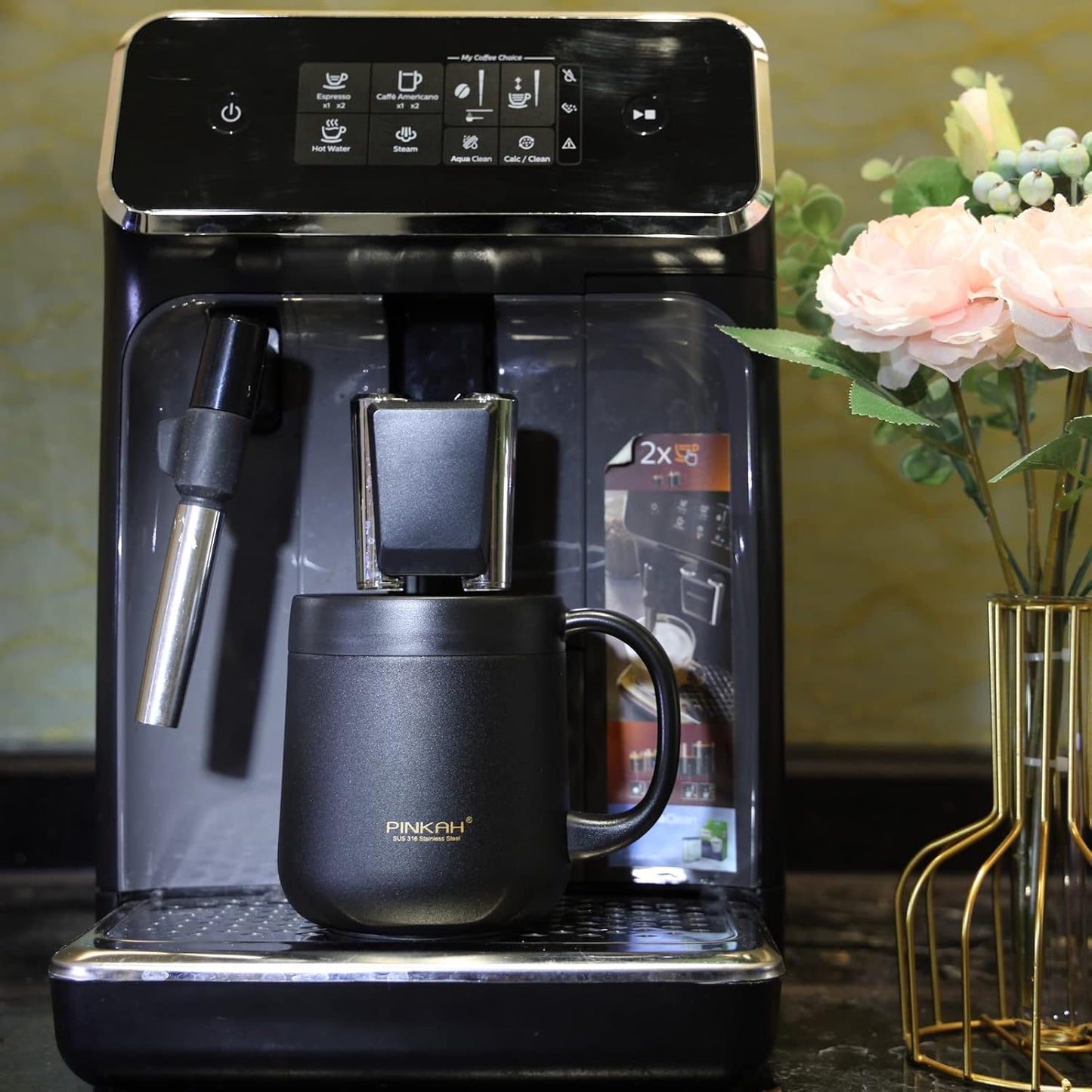 11OZ 330ML Stainless Steel Insulated Coffee Mug with Handle, Double Wall Stainless Steel Tumbler Cup with 2 Lids, Black