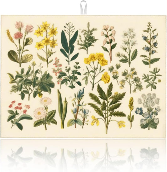 Floral Microfiber Dish Drying Mat XL for Kitchen Counter Absorbent Large Dish Drying Pads Reusable Washable Plants Herbs