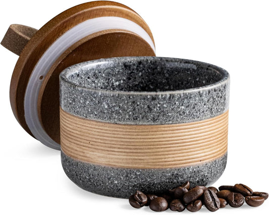 Small Ceramic Jar with Lid, Coffee Container, Coffee Canisters with Airtight Lids Kitchen Food Storage Jars for Spice Sugar Tea Bag, Mini Decorative Jars for Countertop, Grey & 5 fl.oz