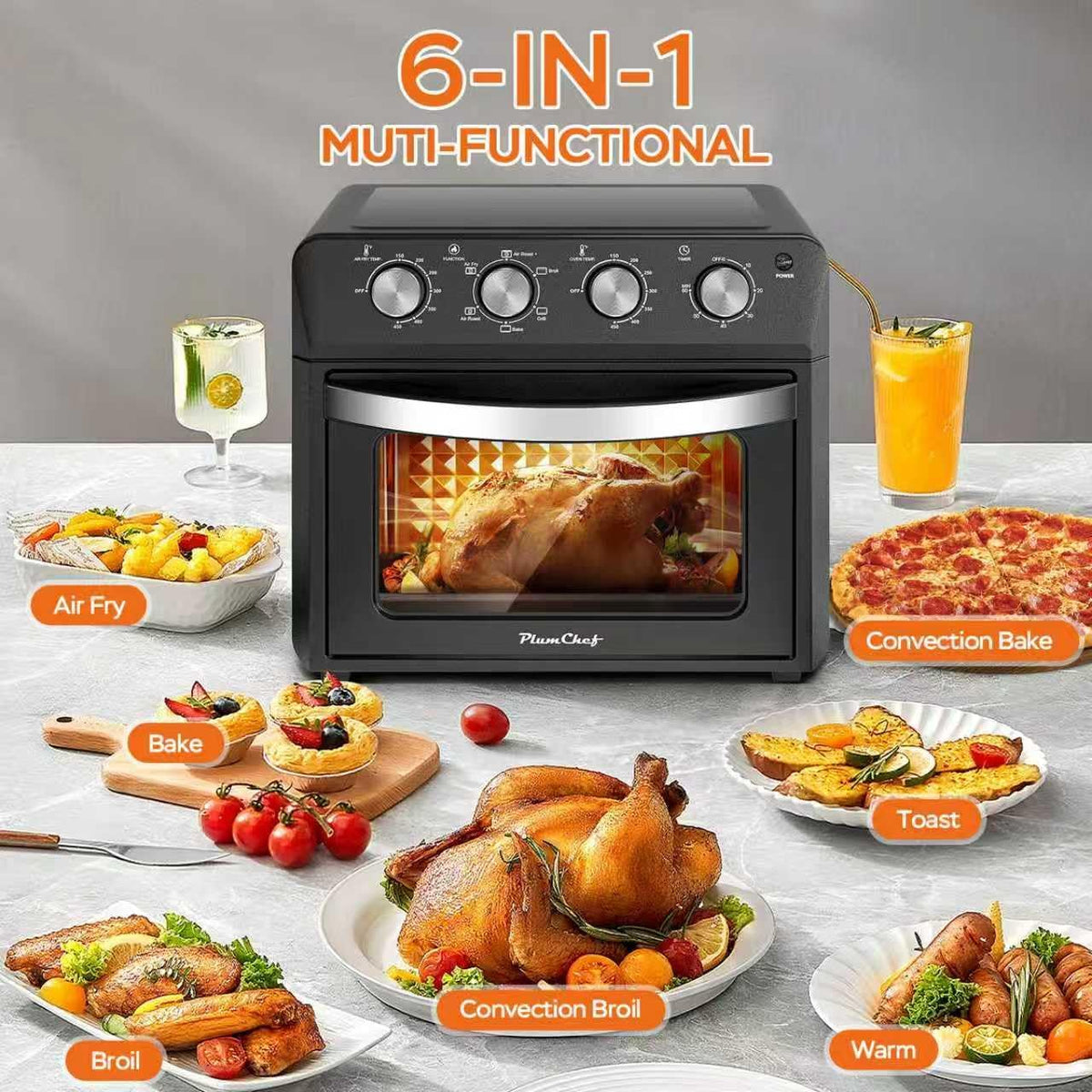 PlumChef 13 Quart 4 Slices Air Fryer Convection Toaster Oven, 1500W, Multifunction Oven for Roast, Bake, Grill, Broil, Toast（stainless steel）