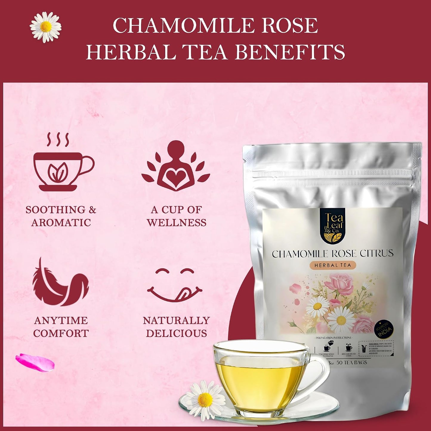 Chamomile Rose Citrus Herbal Tea 100g, Natural Herbal Infusion, 50 Tea Bags